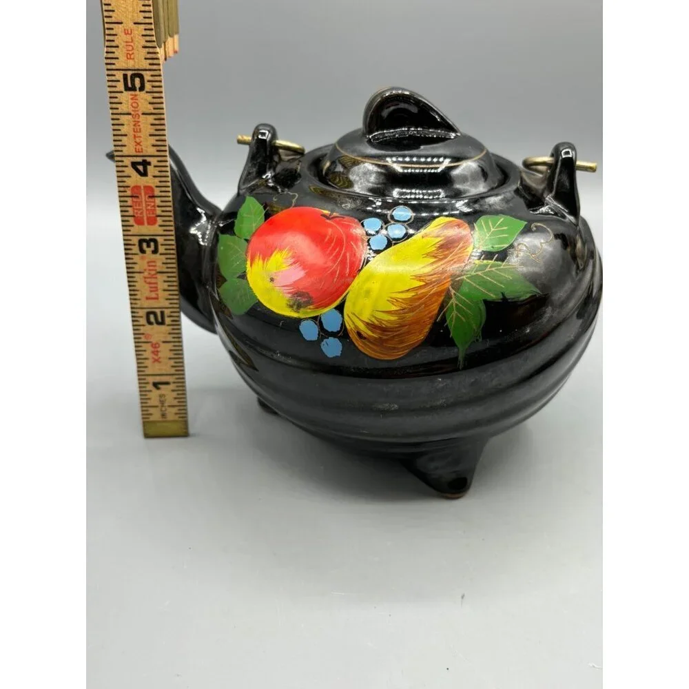 Vtg Wales Black Teapot With Hand Painted Fruit Design Coiled Metal‎ Handle